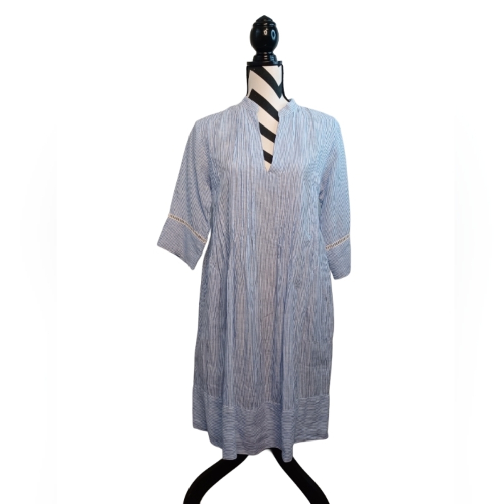 Pomegranate 100% Linen Sz M Pinstripe Coastal Midi Dress